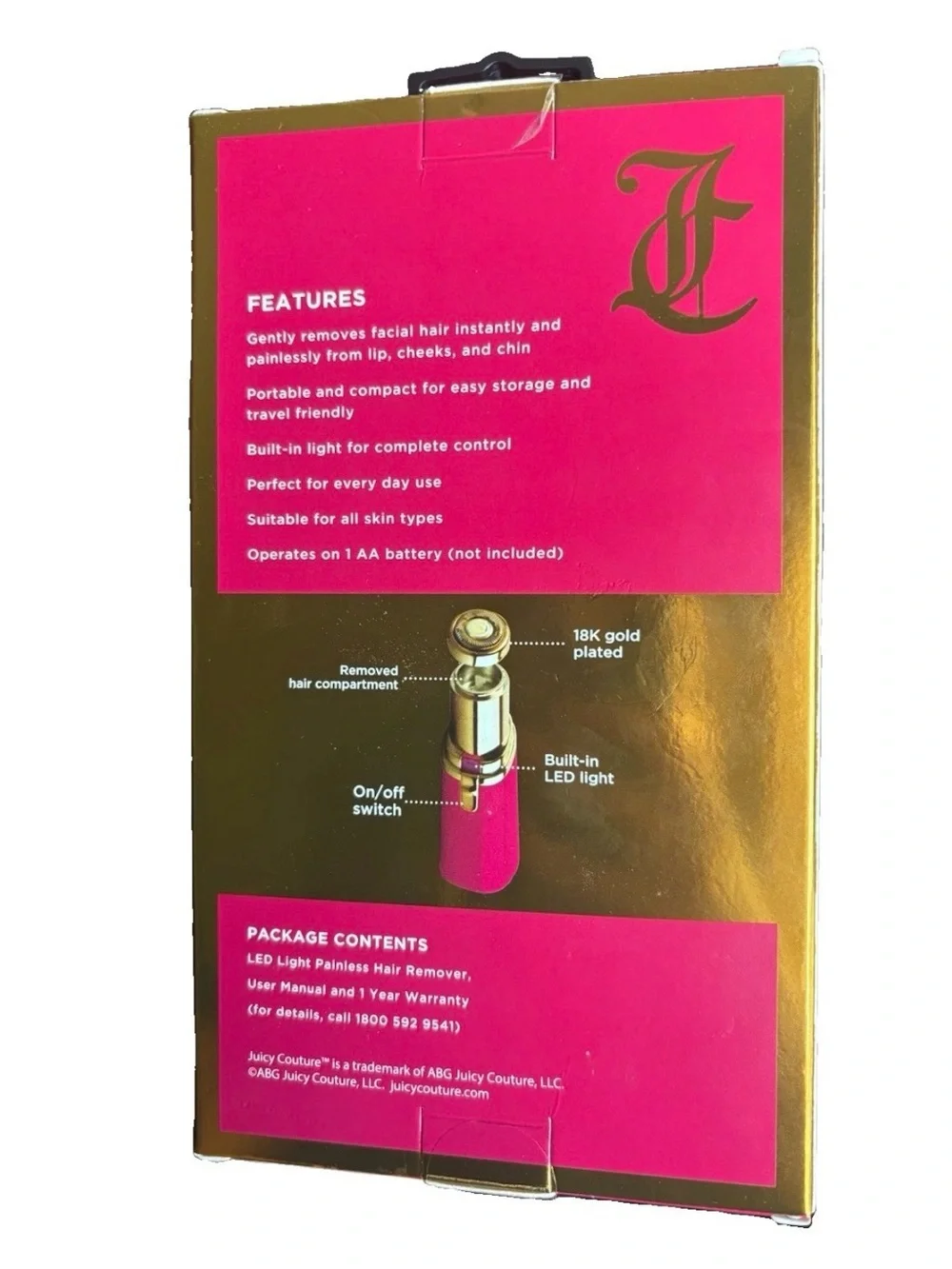 Juicy Couture LED Light Painless Hair Remover 18K Gold Plated Facial Shaver Pink